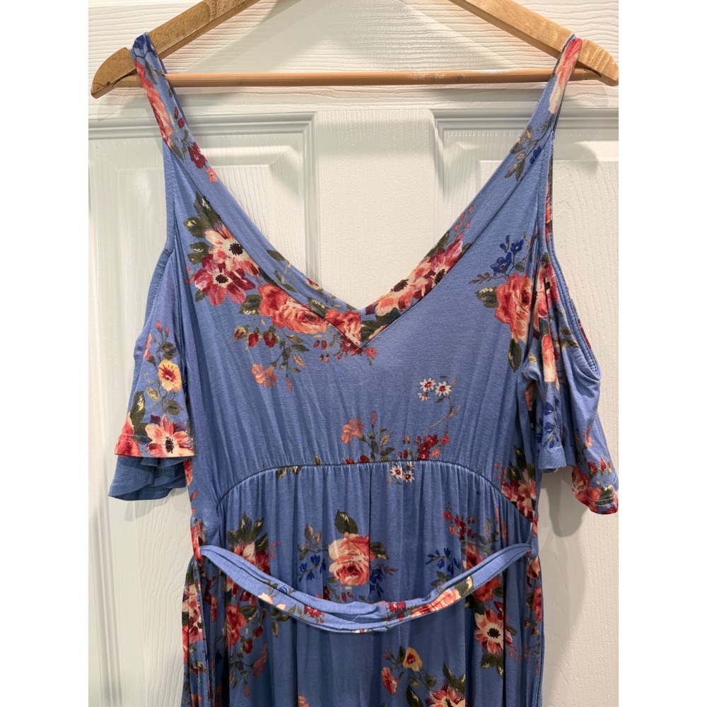 Emerald Blue Floral Cold Shoulder Maxi Dress V-Neck Empire Waist Size M